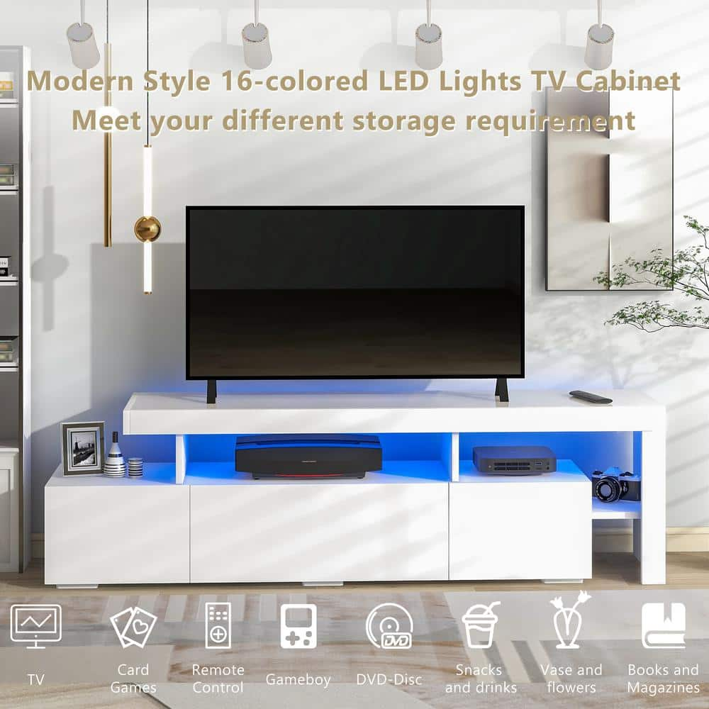 URTR 73.in White Wood TV Stand for up to 70 in.TV, LED TV Stand Cabinet with 16-Colored LED Lights and DVD Shelf