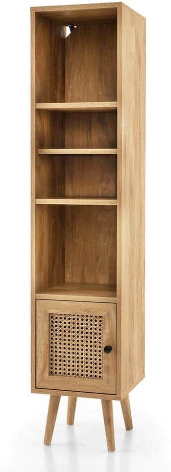 Costway Natural Rattan Storage Cabinet Freestanding Slim Organizer Wood Display Rack Living Room