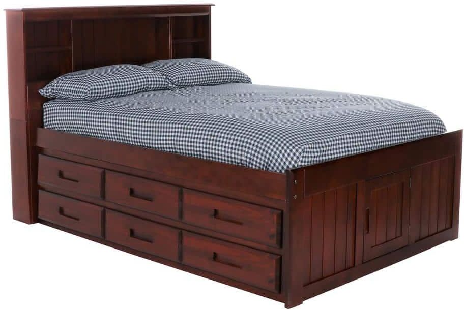 OS Home and Office Furniture Merlot Mission Brown Full Sized Captains Bookcase Bed with Twelve-Drawers