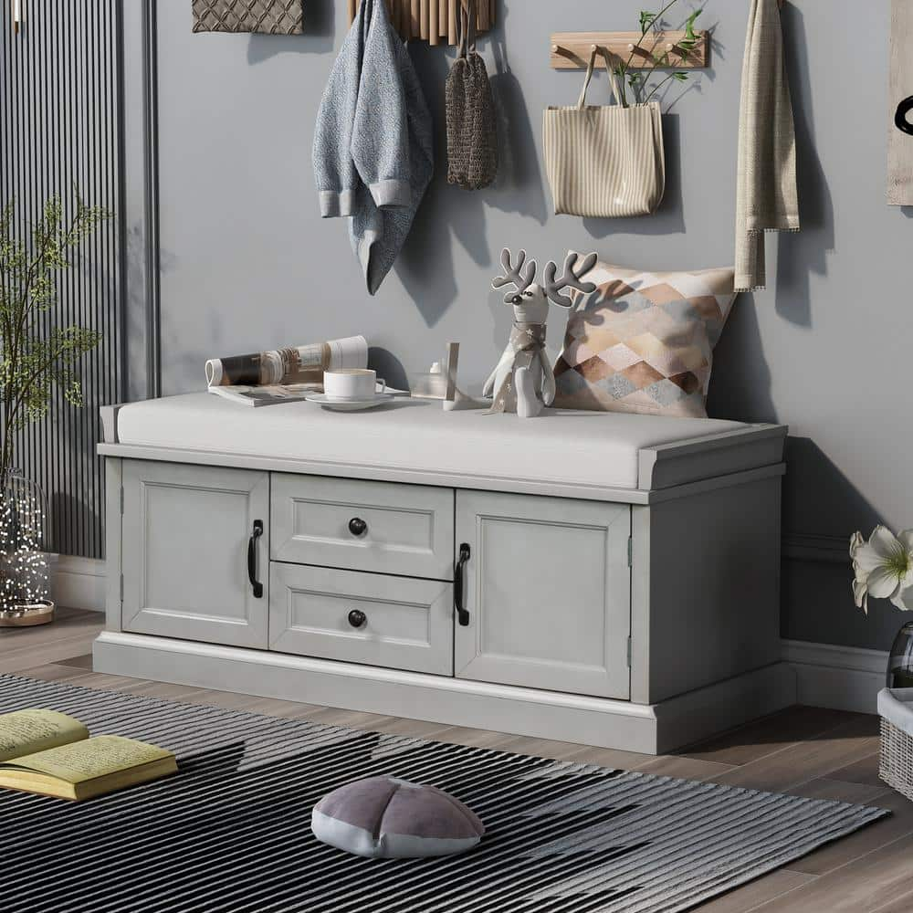 ANBAZAR Gray Wash Wood Entryway Storage Cushioned Shoe Bench Organizer 42.5"L x 15.9"W x 17.5"H with 2 Drawers and 2 Cabinets