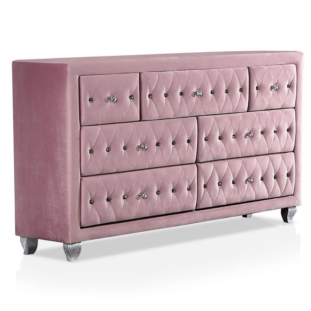 Furniture of America Nesika 7-Drawer Pink Dresser and Care Kit (36 in. H x 58.5 in. W x 17.5 in. D)