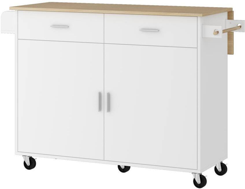 FUFU&GAGA White Wood 49.6 in. W Kitchen Island Dining Bar Cart With Door Cabinet, Drawers, Casters, Swivel Storage Shelves, Handle