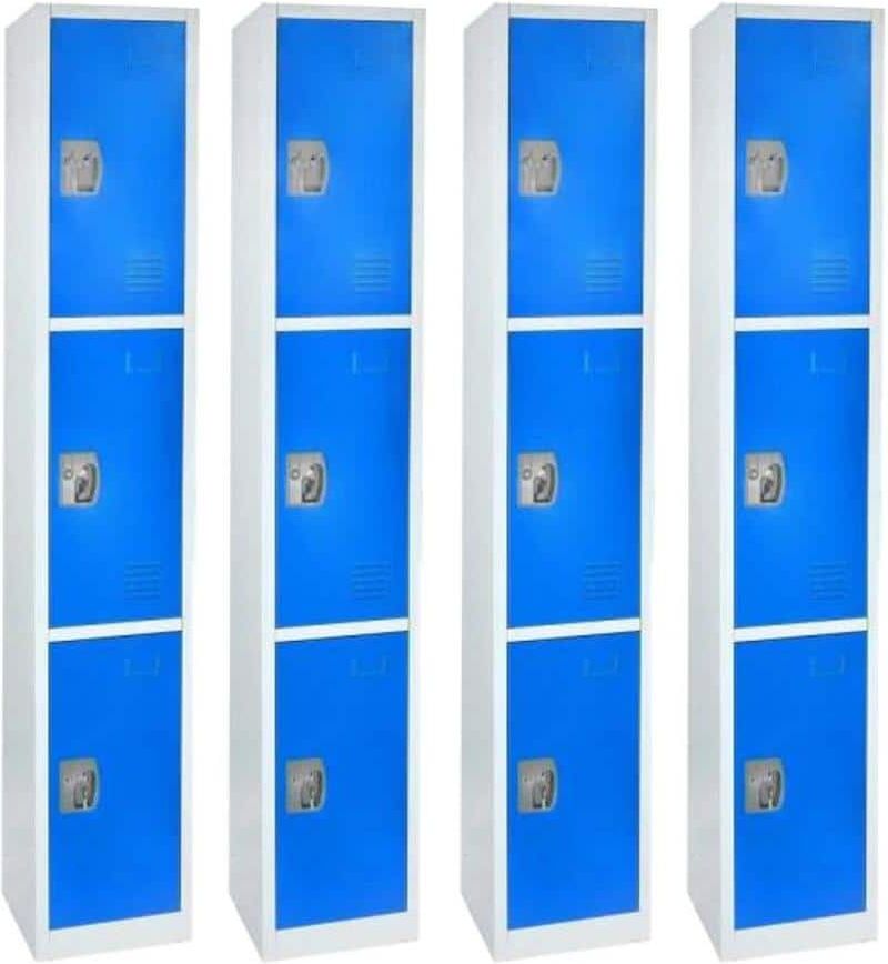 AdirOffice 629-Series 72 in. H 3-Tier Steel Key Lock Storage Locker Free Standing Cabinets for Home, School, Gym in Blue (4-Pack)