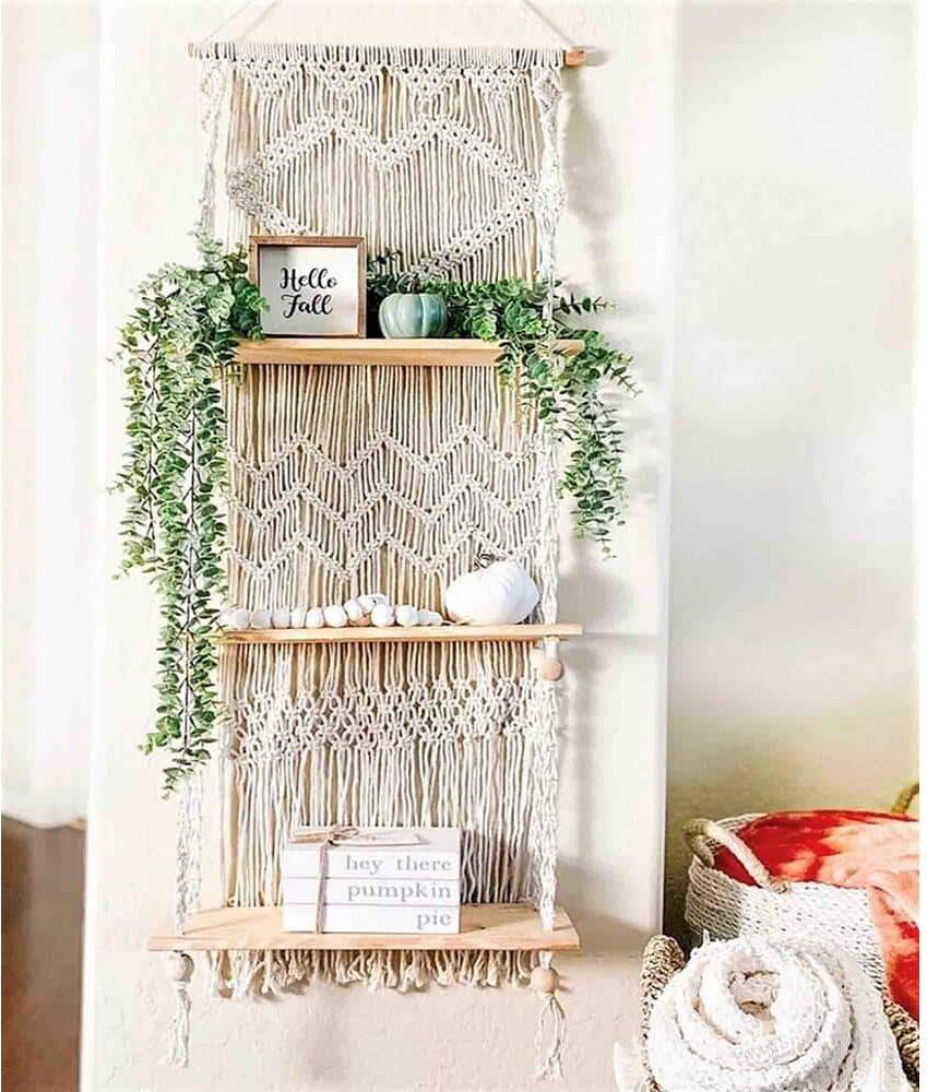 17 in. W x 7 in. D 3 Tier Wood Decorative Wall Shelf with Handmade Woven Rope - Boho Shelves Organizer Hanger