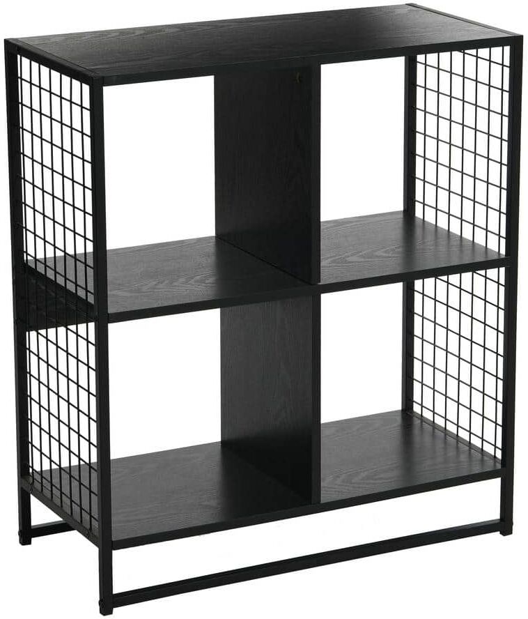 HOUSEHOLD ESSENTIALS 4-Cube Shelf Bin Wall Unit with Mesh Side Panels in Black Oak 13.23 in. D x 28.23 in. W x 28.15 in. H