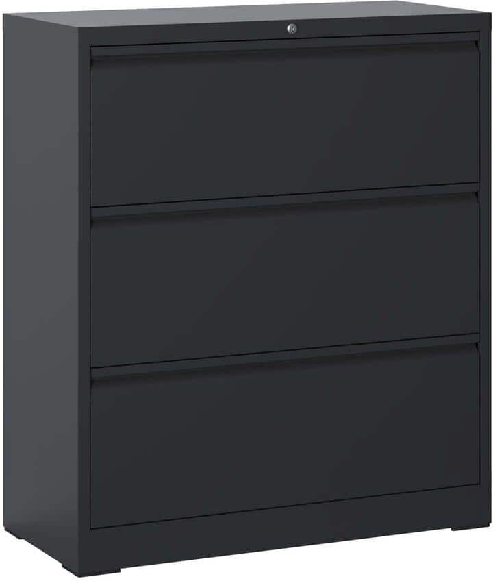 3-Drawer Black Metal 35.43 in. W. Lateral File Cabinet with Lock, Home Office Hanging File Letter/Legal/F4/A4 Size