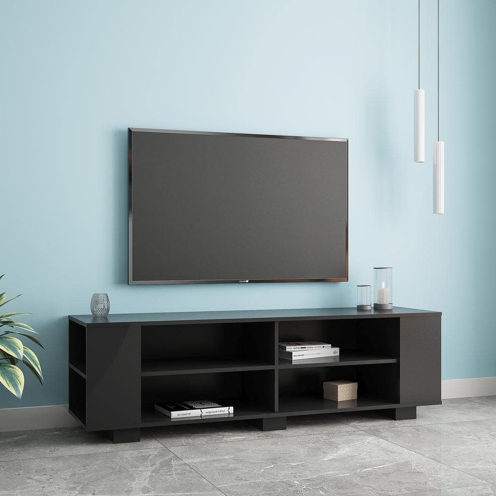 GODEER 59 in. Black TV Stand Fits TV's up to 65 in. with 8 Open Shelves, Universal TV Storage Cabinet