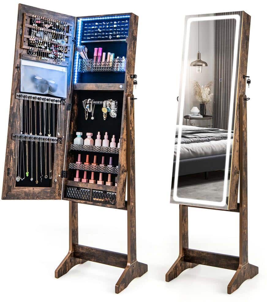 Costway Rustic Brown Wood LED Mirror Jewelry Cabinet Organizer 16 in. Jewelry Armoire Standing with Built-in 3 Color Light