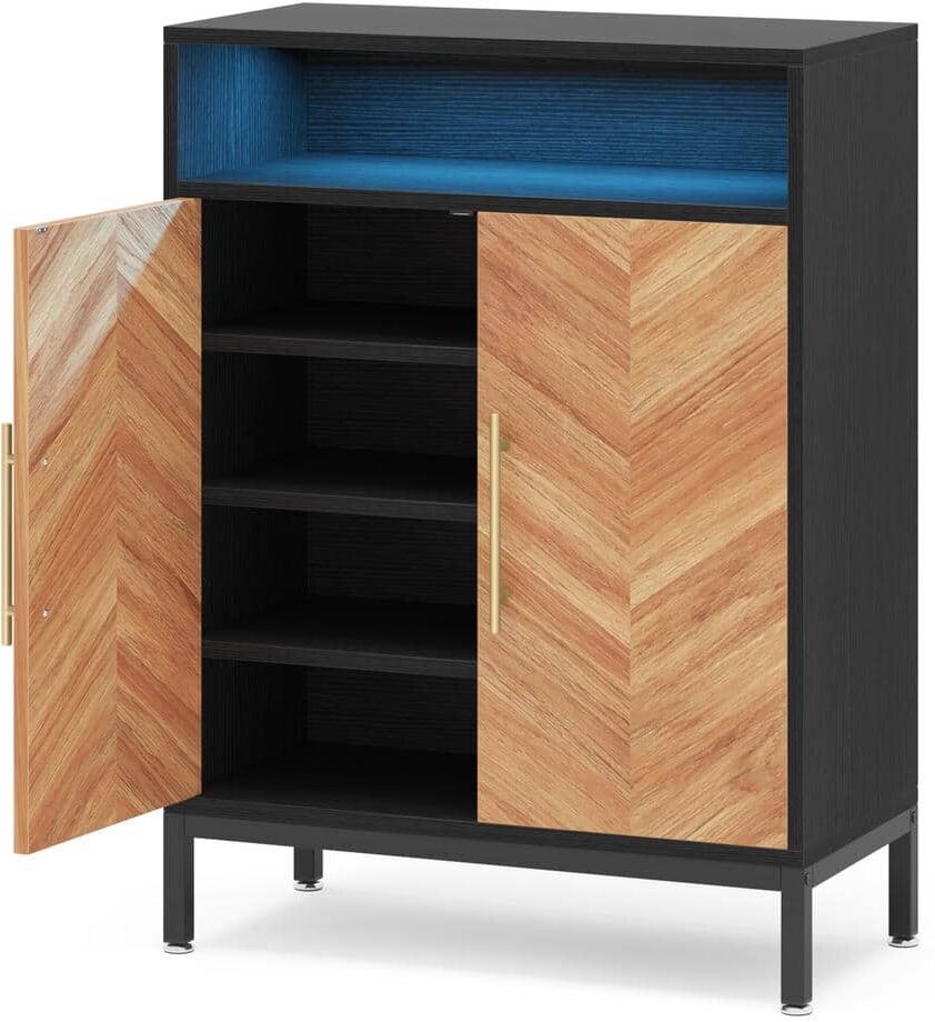 BYBLIGHT Lauren Brown Shoe Cabinet with Doors and Shelves, 16 Pairs Entryway Shoe Storage Cabinet with Led Light, Shoe Racks