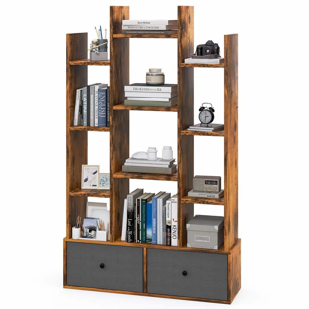 Costway 31.5 in. Wide Industrial Bookshelf Rustic Wooden 12-Shelf Organizer Bookcase with 2-Non-woven Fabric Drawer