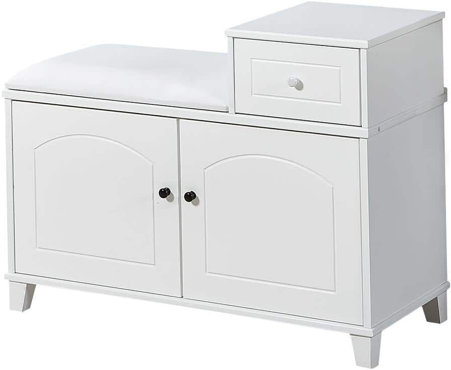 Siavonce White Shoe Storage Bench Cabinet with Fireproof PU Cushion, Double Doors and Movable Drawer Wood for Door Entrance