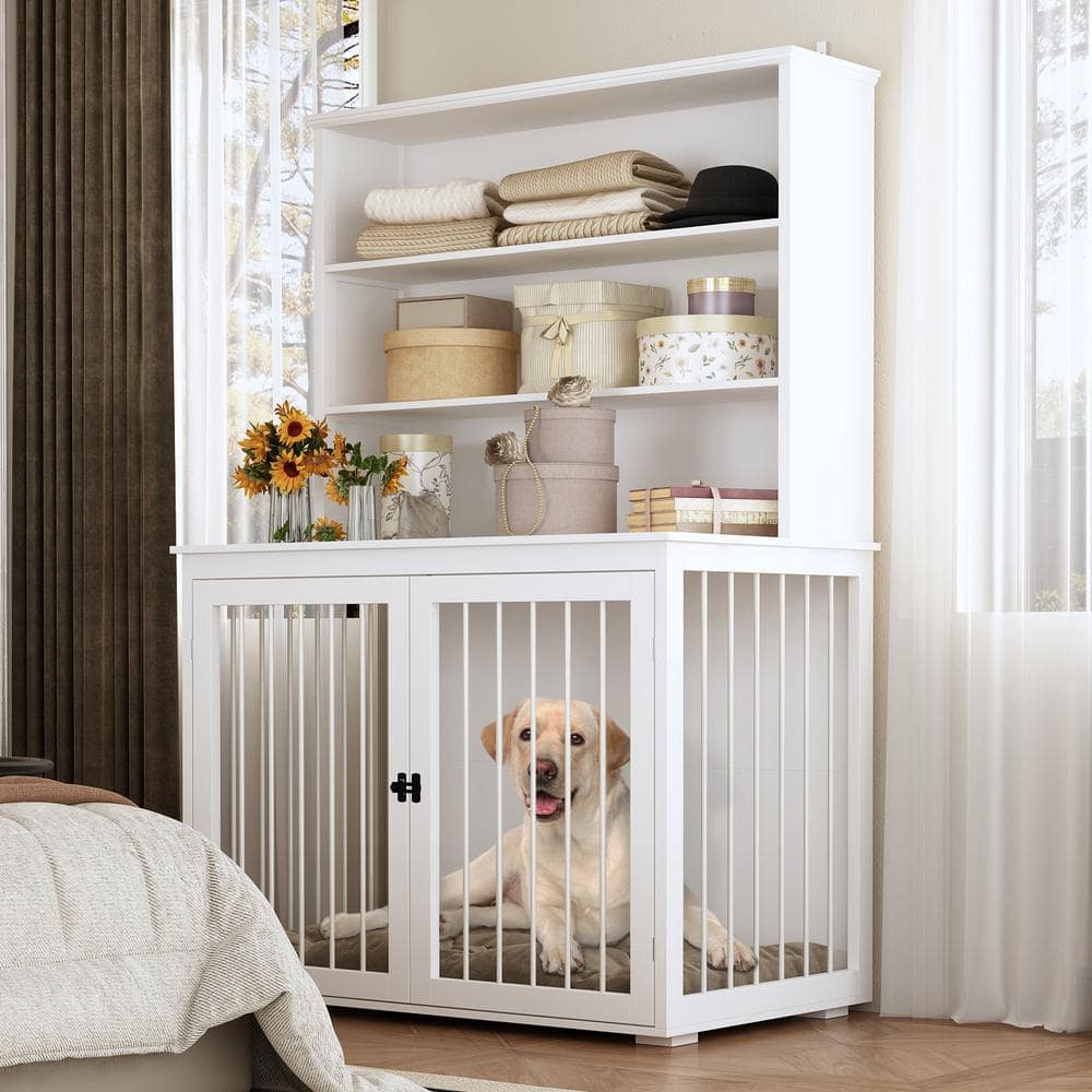 FUFU&GAGA Dog House Furniture Style Dog Crate Storage Cabinet, Indoor Wood 3-Shelf Bookcase Bookshelf with Large Dog Crate, White