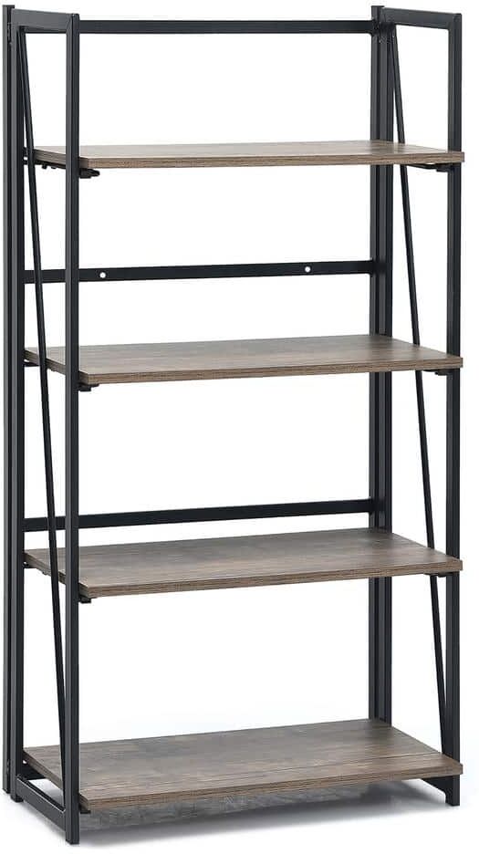 Costway 46 in. H Brown 4-Tier Folding Bookshelf No-Assembly Industrial Bookcase Display Shelves