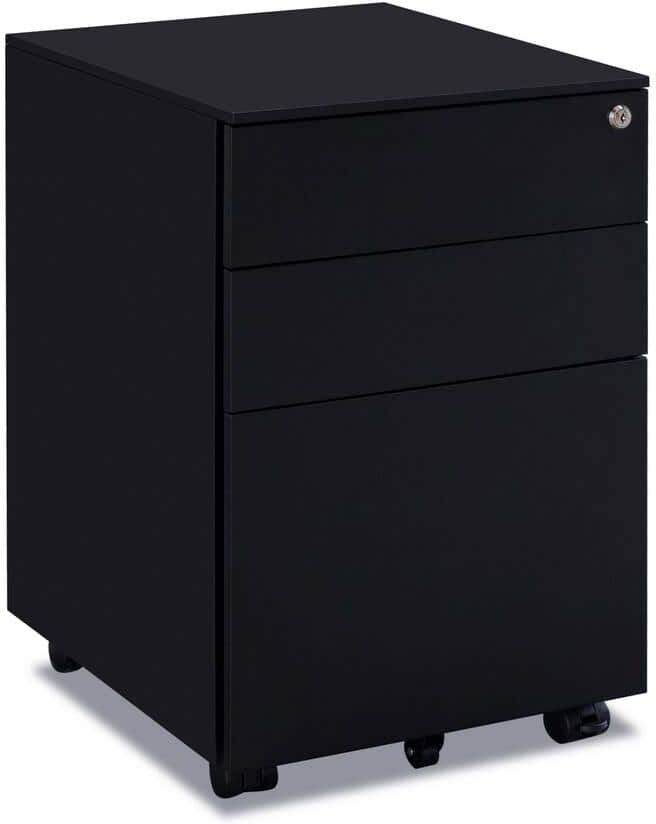 Tatahance 3-Drawer Mobile Black Metal Lateral Filing Cabinet with Lock Steel