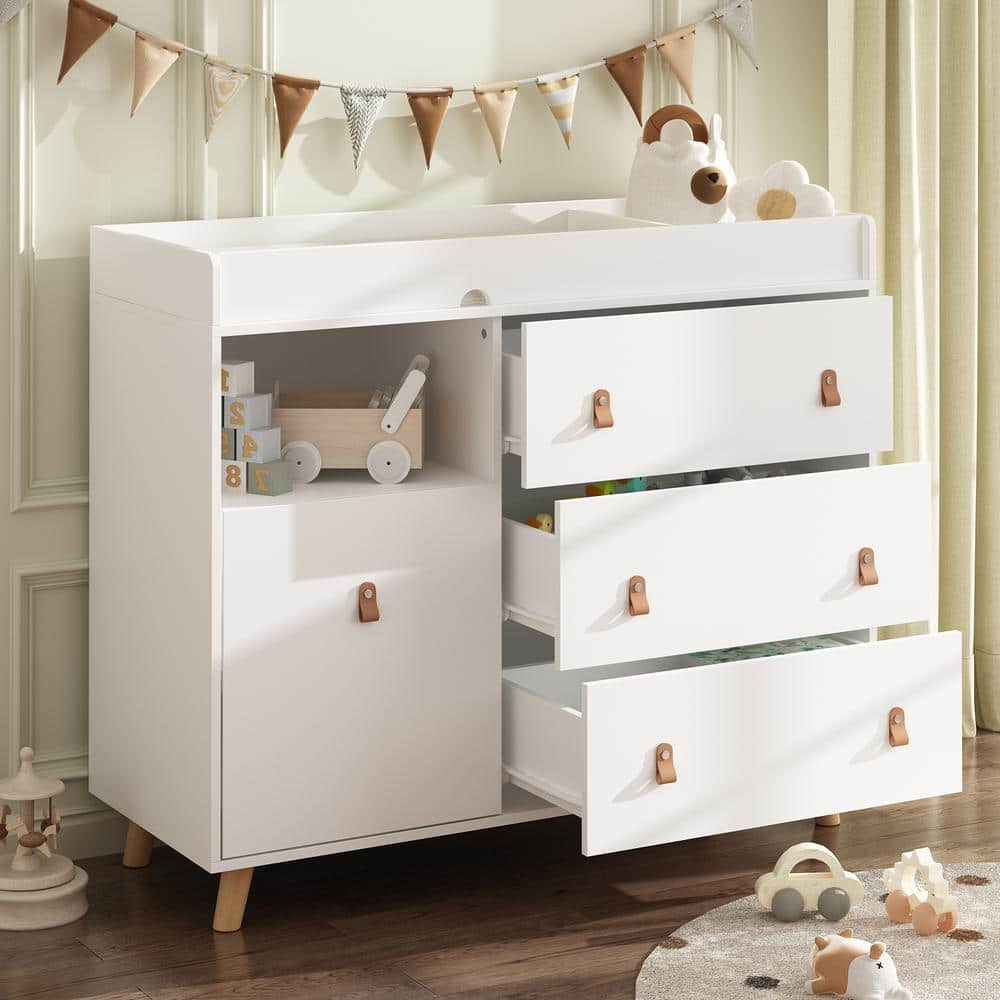 FUFU&GAGA 4-Drawer White Wood 44.9 in. W Kids Low Dresser Storage Organizer Cabinet With Changing Table Open Shelf