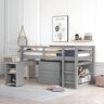 URTR Gray Twin Size Low Study Loft Bed Frame with Storage Cabinet and Rolling Portable Desk for Kids and Teenagers