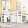 URTR White Twin Size Low Study Loft Bed Frame with Storage Cabinet and Rolling Portable Desk for Kids and Teenagers