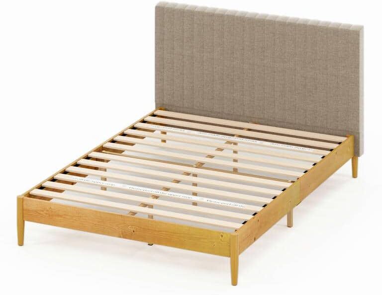 Zinus Amelia 62 in. W Latte Wood Queen Platform Bed Frame with Upholstered Headboard