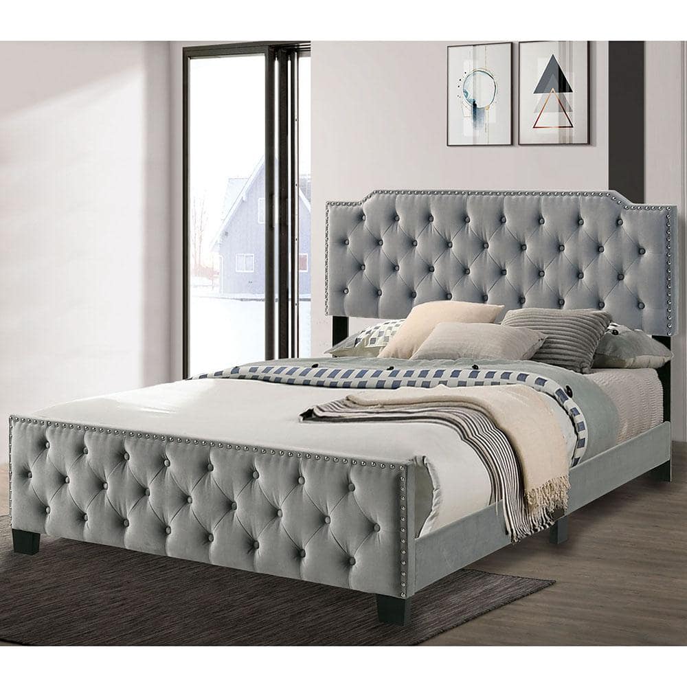 Furniture of America Larchemont Gray King Panel Bed with Tufted Headboard and Care Kit