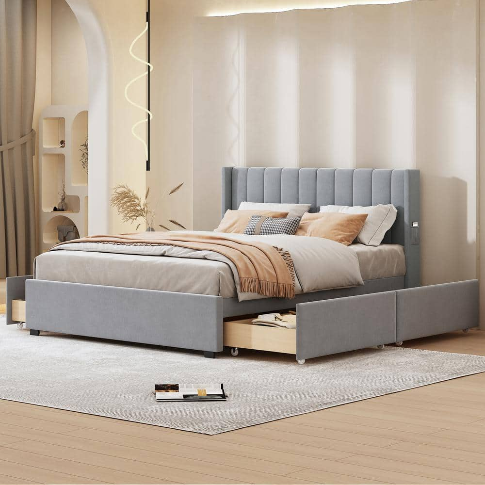 Harper & Bright Designs Gray Wood Frame Queen Size Velvet Upholstered Platform Bed with 4 Drawers, Tufted Headboard with Storage Pocket