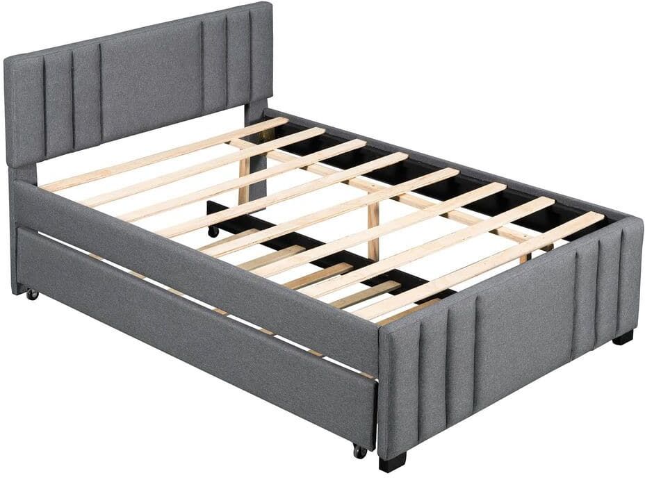 ANBAZAR Gray 56.3 in. W Wood Frame Full Upholstered Platform Bed with Trundle Wood Kids Adult Trundle Bed with Solid Slats