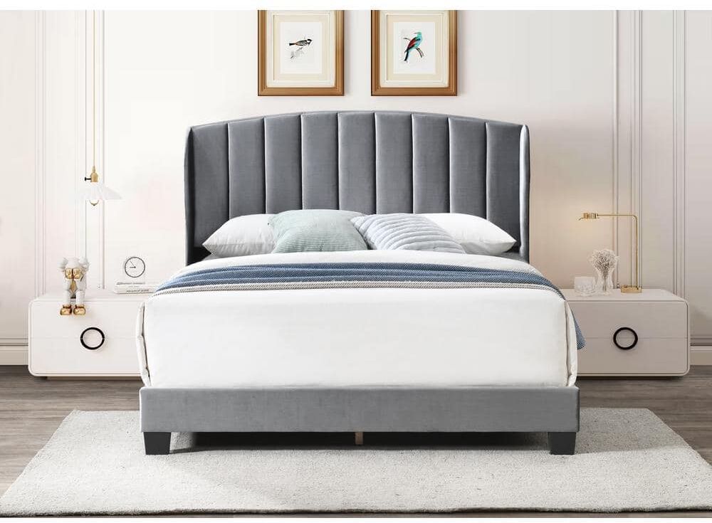 Dwell Home Inc Shelby Silver Gray Velvet Upholstered Frame, Full Platform Bed with Curved Vertical Channel Tufted Wingback Headboard