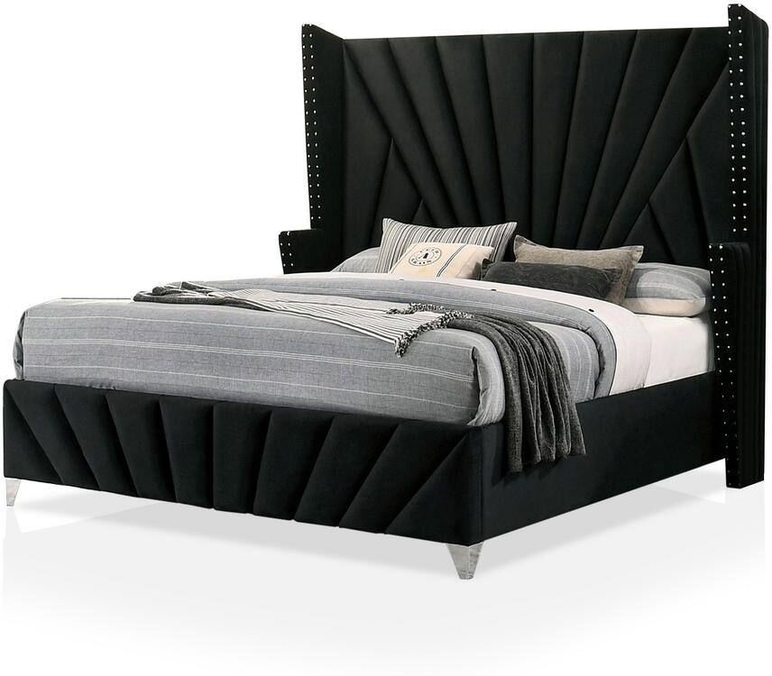 Furniture of America Leventina Black Queen Panel Bed with Wingback Headboard