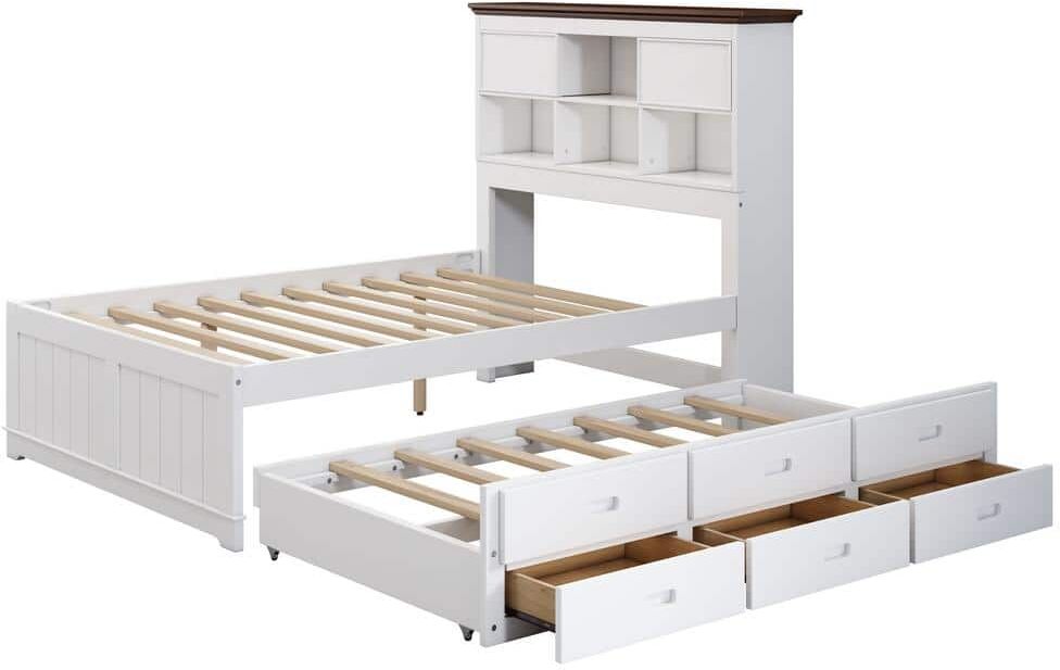 URTR White Wood Frame Full Size Platform Bed with Bookcase Headboard, Captain's Bed with Trundle and Drawers for Kids Adult