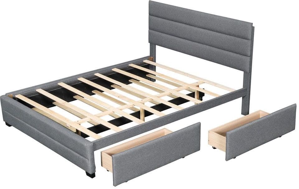 ANBAZAR Gray 64 in. W Wood Frame Queen Upholstered Platform Bed with Trundle Wood Adult Trundle Bed with Solid Slats