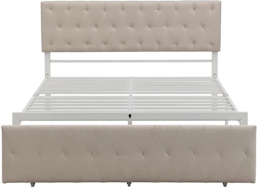 ANBAZAR 62.8 in. Width Beige Queen Size Platform Bed with Big Drawer, Metal Adult Bed Frame with Tufted Headboard and Footboard