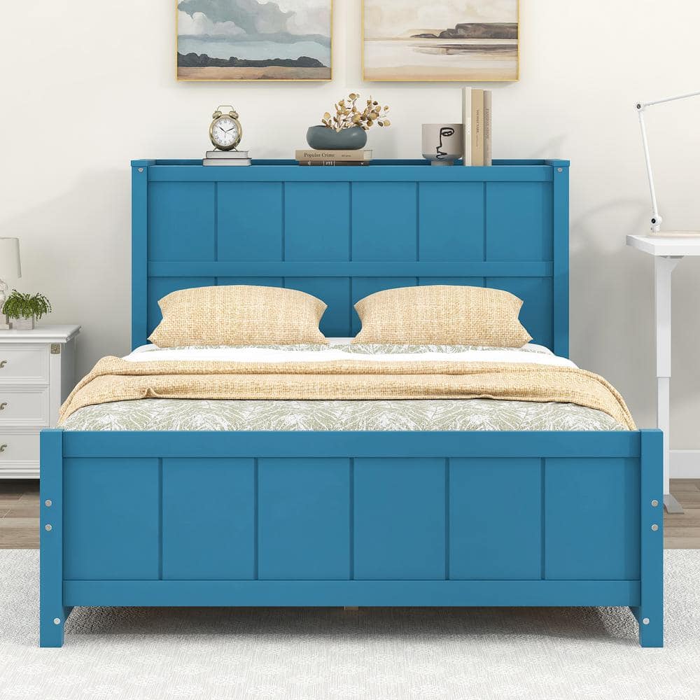 Nestfair Blue Wood Frame Full Size Platform Bed with Drawers and Storage Shelves