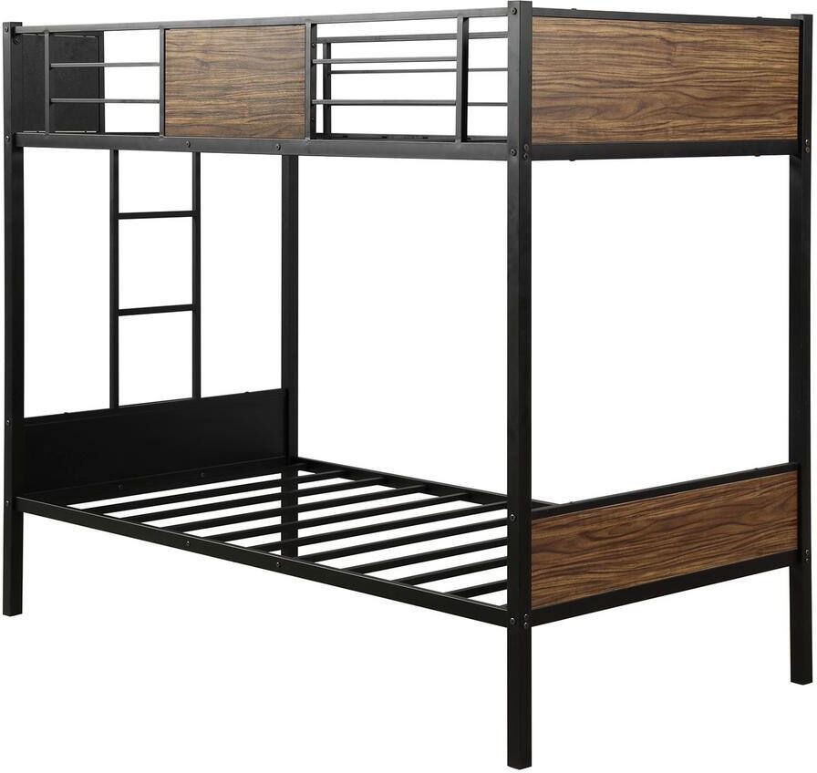 aisword Twin-Over-Twin Black Bunk Bed Modern Style Steel Frame Bunk Bed with Safety Rail Built-in Ladder