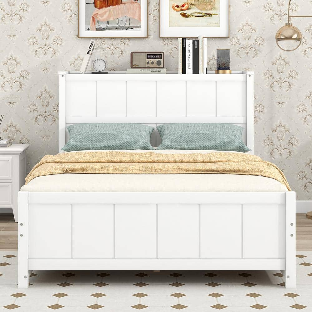 Nestfair White Wood Frame Full Size Platform Bed with Drawers and Storage Shelves