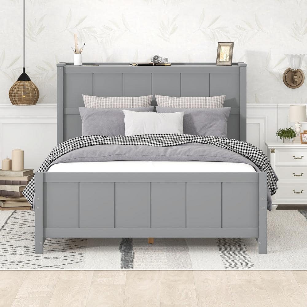 Nestfair Gray Wood Frame Full Size Platform Bed with Drawers and Storage Shelves
