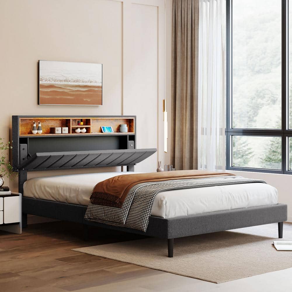 Harper & Bright Designs Gray Wood Frame Queen Size Upholstered Platform Bed with Storage Headboard, 2 Phone Pockets and USB Port