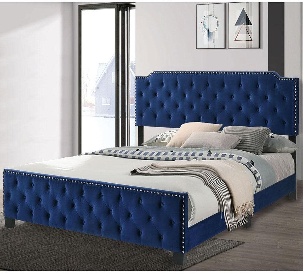 Furniture of America Larchemont Blue King Panel Bed with Tufted Headboard