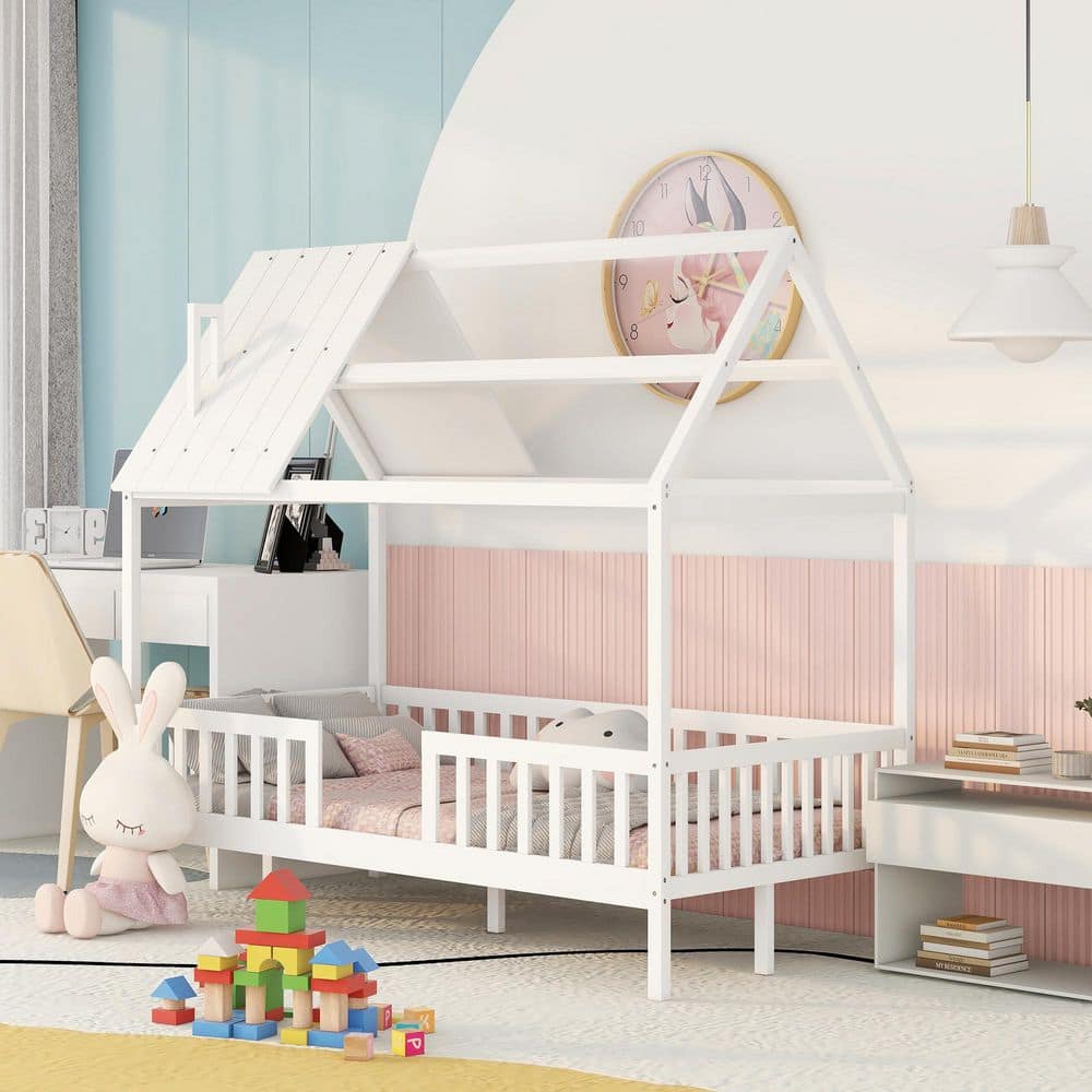 URTR Twin Size Wood House Bed with Fence for Kids, Toddlers Platform Bed with Slats Support, No Box Spring Needed, White