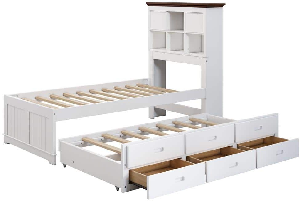 URTR White Wood Frame Twin Size Platform Bed with Bookcase Headboard, Captain's Bed with Trundle and Drawers for Kids Adult