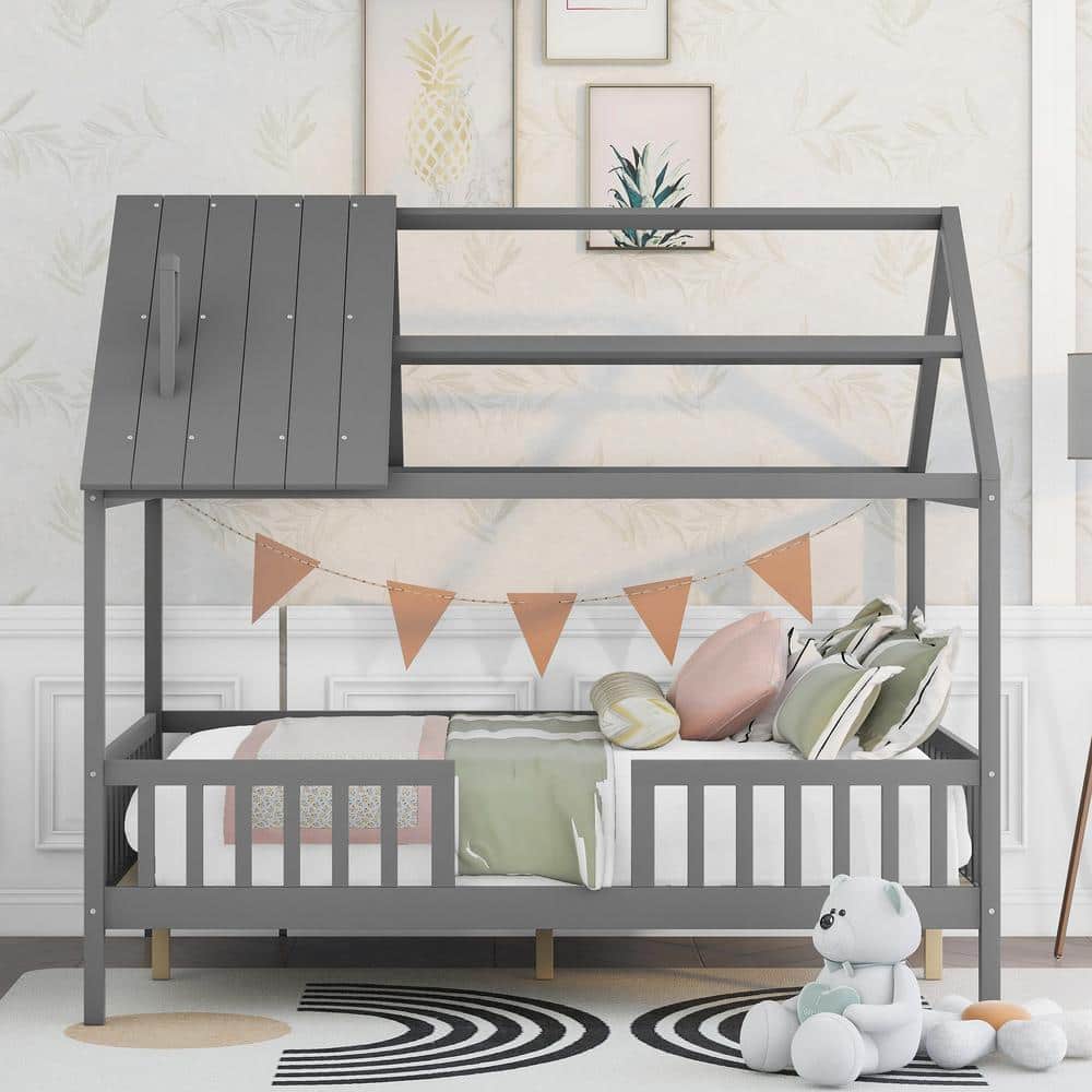URTR Gray Full Size House Bed with Fence for kids, Toddlers Platform Bed with Slats Support, No Box Spring Needed
