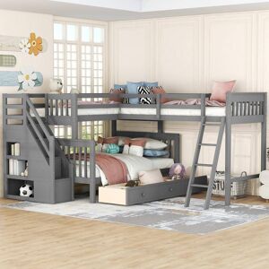 URTR L Shaped Gray Bunk Bed for 3, Wood Triple Twin Over Full Size Bunk Bed Frame with 3-Storage Drawers,Ladder and Staircase