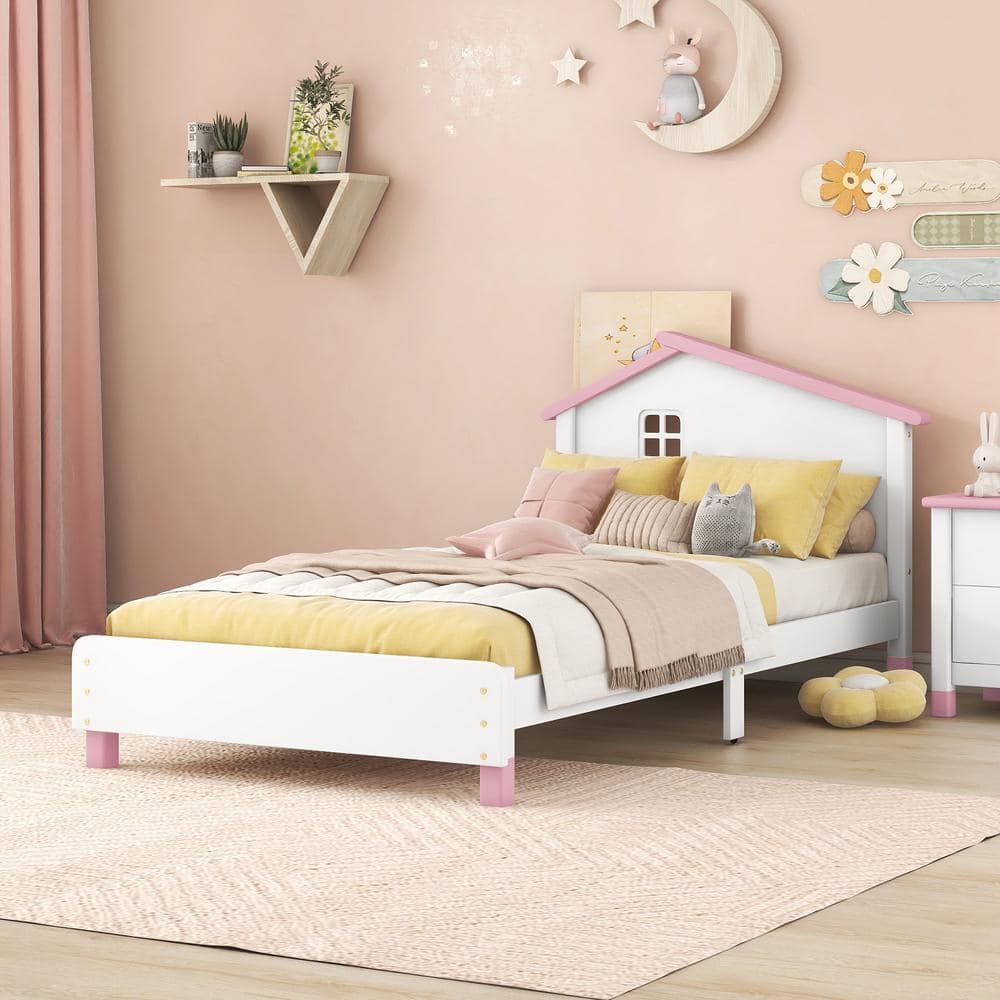 Twin Size Kids Beds with House Frame Headboard Fun Wood Low Bed Frame No Box Spring Needed-White/Pink