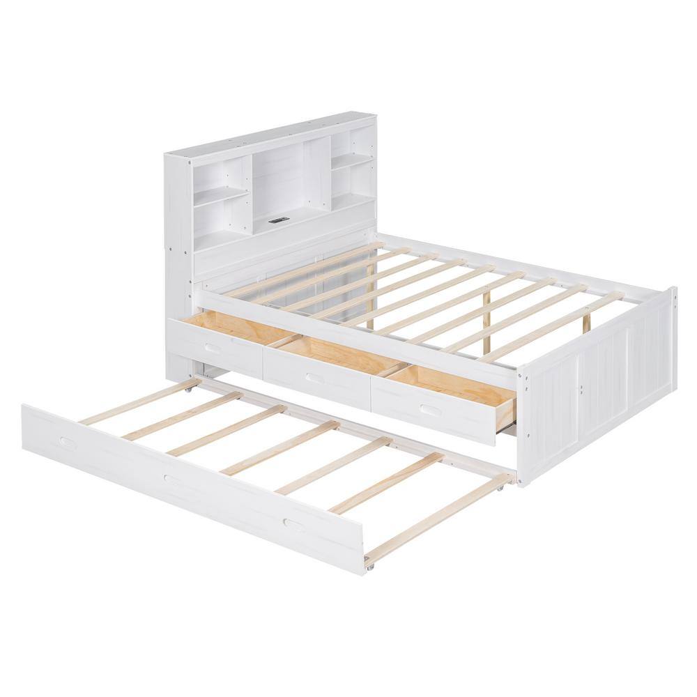 Harper & Bright Designs Antique White Wood Frame Full Platform Bed with Twin Trundle, 3-Drawers, USB Charging, Storage Headboard with Shelves