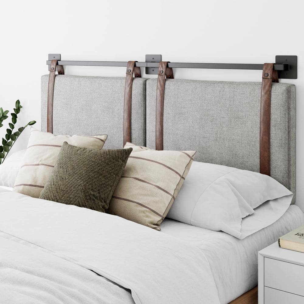 Nathan James Harlow 72 in. King Wall Mount Gray Upholstered Headboard Adjustable Brown Leather Straps and Black Metal Rail