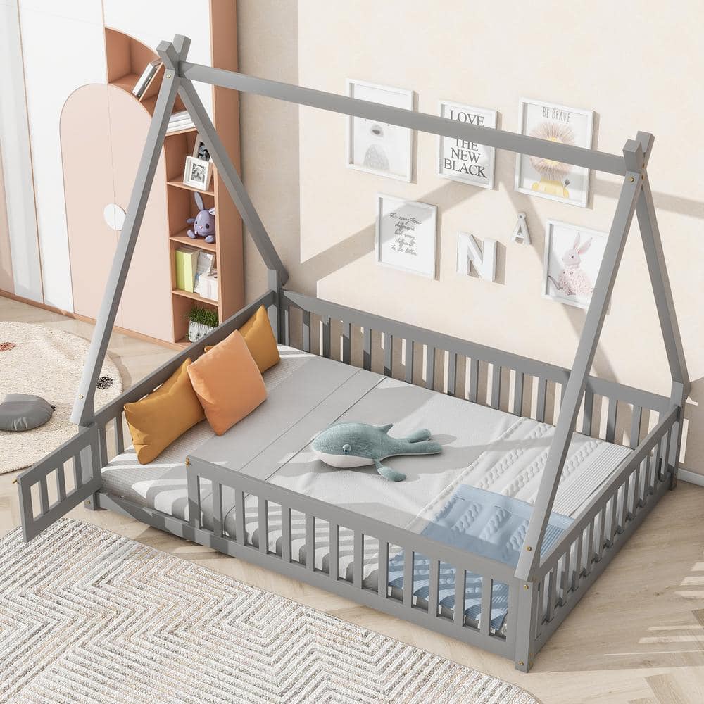 Harper & Bright Designs Tent Style Gray Wood Frame Full Size Platform Bed, Teepee Bed with Fence Bedrails, Doors