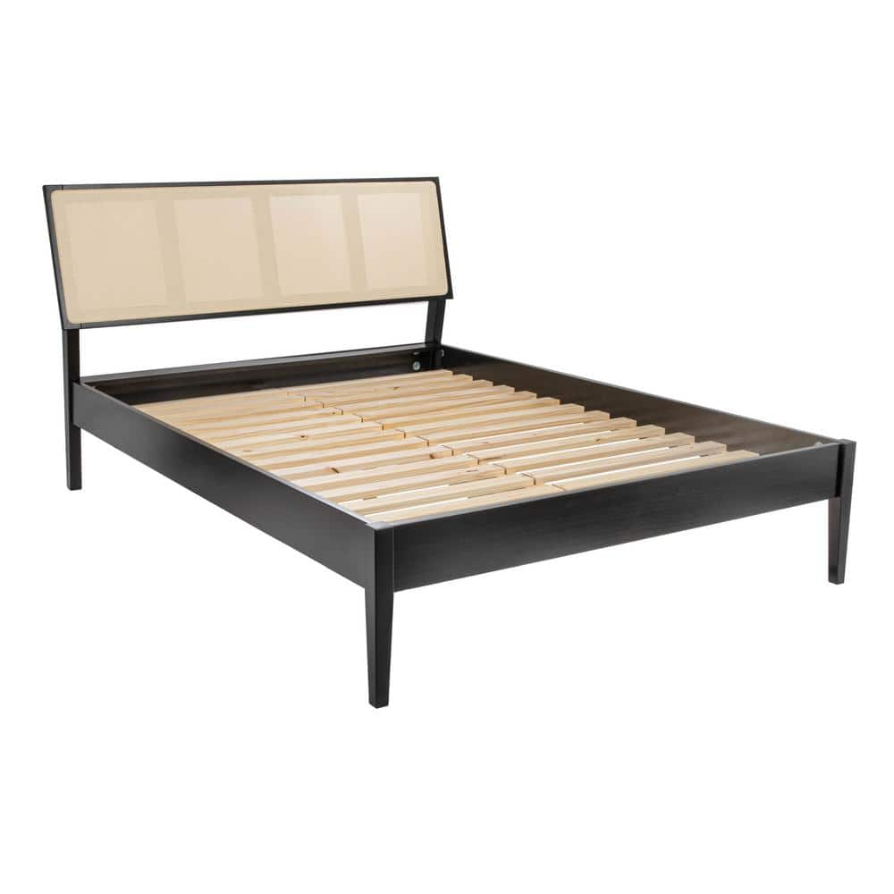 Storied Home The Crawford Black and Natural Wood Frame King Panel Bed With Black Stain Natural Woven Cane Headboard