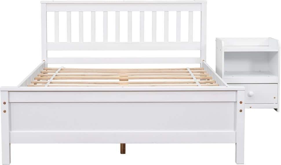 Huluwat White Pine Wood Frame Full Size Platform Bed with Nightstand for Kids, Teens, Adults