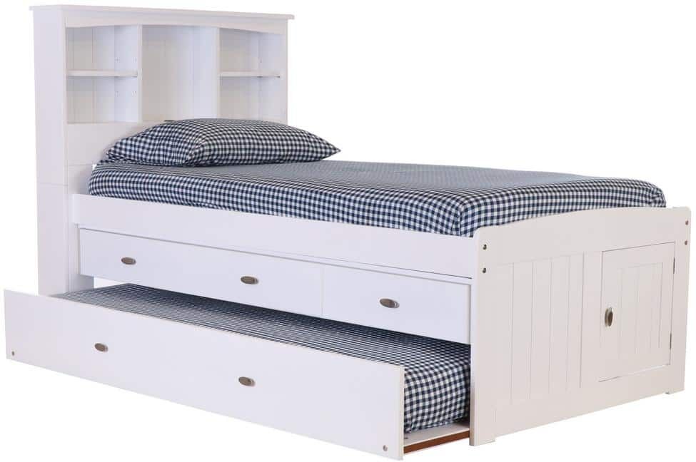 OS Home and Office Furniture Mission White Casual White Twin Sized Captains Bookcase Bed with 3-Drawers and a Twin Trundle