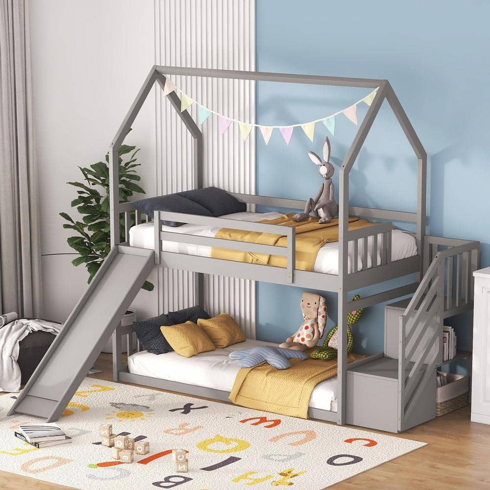 URTR Twin Over Twin House Bunk Bed with Convertible Slide, Wood Bunk Bed Frame with Stairs and Roof for Kids, Teens, Gray