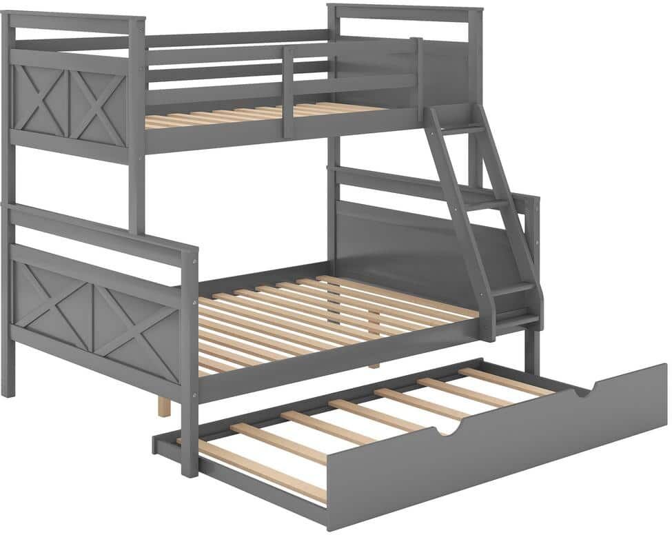 URTR Gray Twin Over Full Bunk Bed with Twin Size Trundle, Wood Bunk Bed Frame with Ladder, Safety Guardrail for Teens, Kids