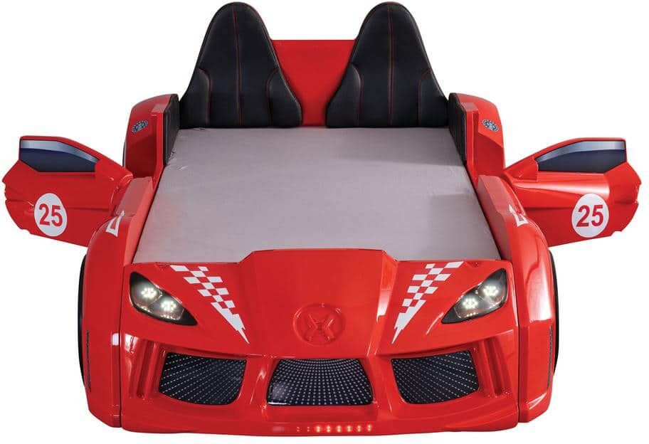 Furniture of America Copperstone Red Twin Kid's Race Car Bed with LED Lights